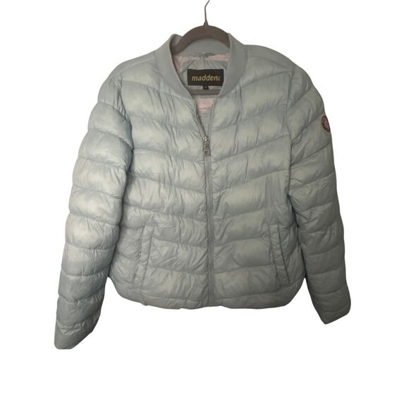 Steve 
Madden Women’s Puffer Jacket Sage Green Knit Gray Hood Pockets Large - Picture 4 of 12